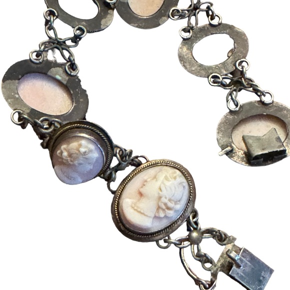 Antique art deco Carved cameo 800 silver shell link bracelet - Picture 6 of 7
